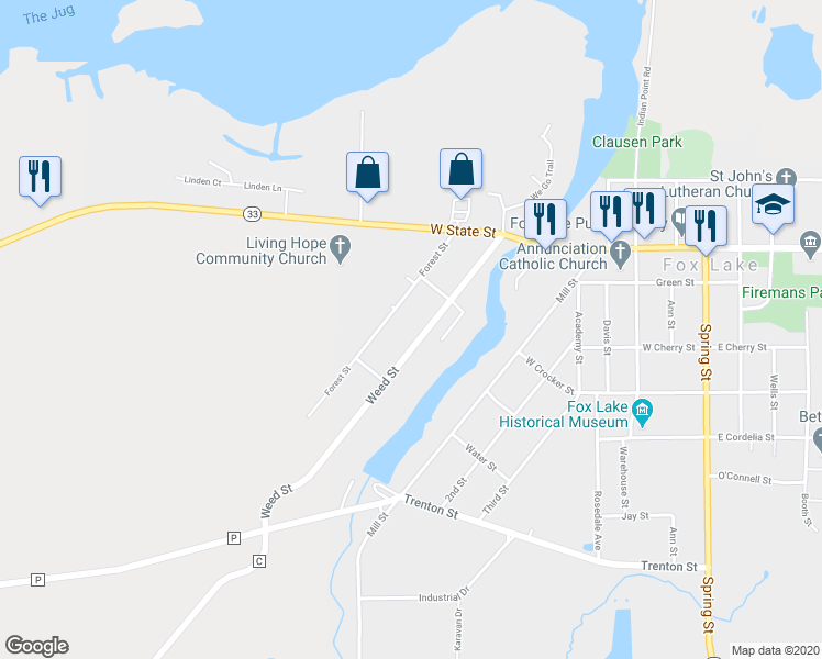 map of restaurants, bars, coffee shops, grocery stores, and more near 219 Weed Street in Fox Lake