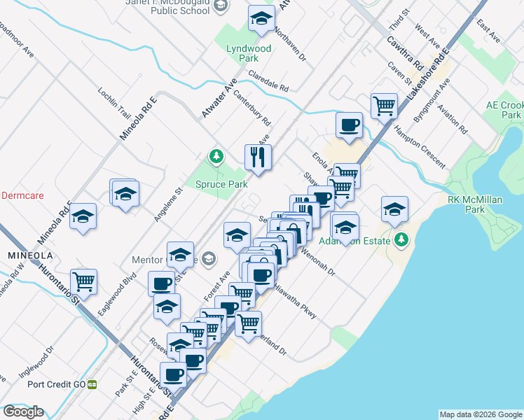 map of restaurants, bars, coffee shops, grocery stores, and more near in Mississauga