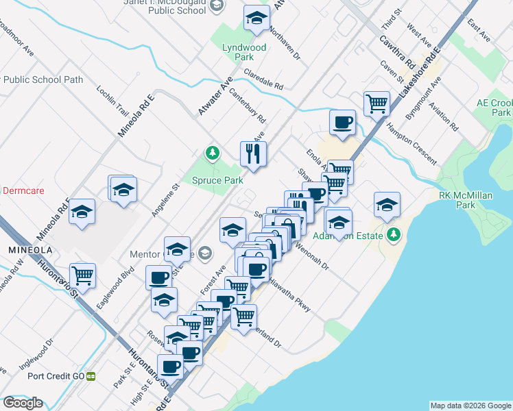 map of restaurants, bars, coffee shops, grocery stores, and more near 1083 Seneca Avenue in Mississauga