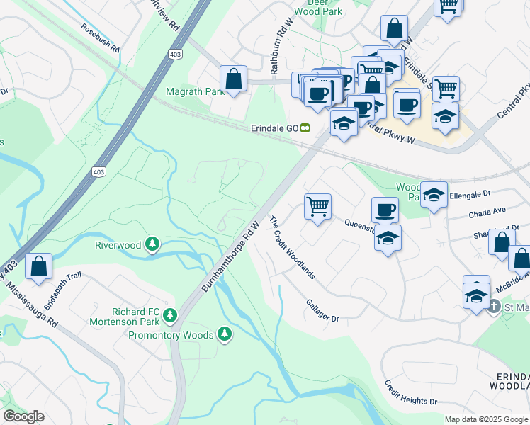 map of restaurants, bars, coffee shops, grocery stores, and more near Burnhamthorpe Rd W & The Credit Woodlands in Mississauga