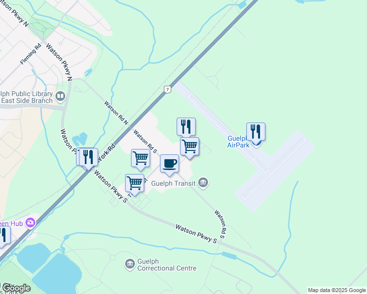 map of restaurants, bars, coffee shops, grocery stores, and more near 32 Airpark Place in Guelph