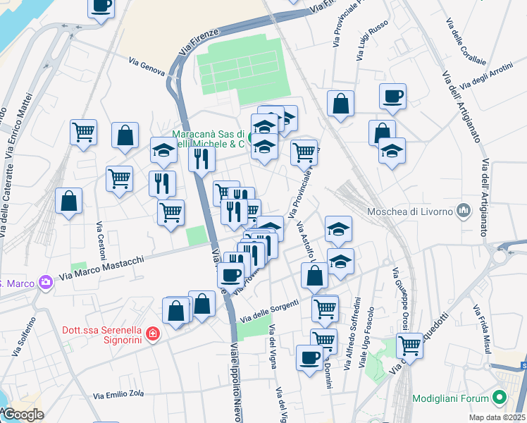 map of restaurants, bars, coffee shops, grocery stores, and more near 10 Via Fratelli Cervi in Livorno