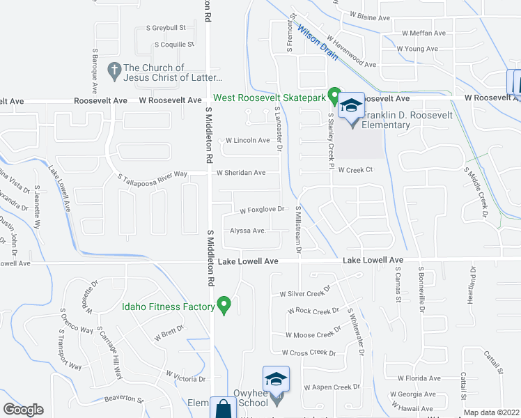 map of restaurants, bars, coffee shops, grocery stores, and more near 2359 West Foxglove Drive in Nampa