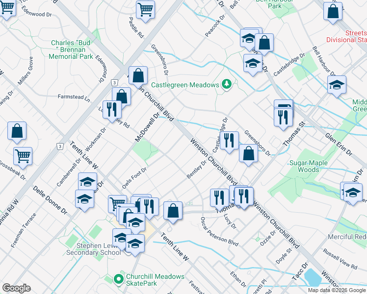 map of restaurants, bars, coffee shops, grocery stores, and more near 3098 Hawktail Crescent in Mississauga