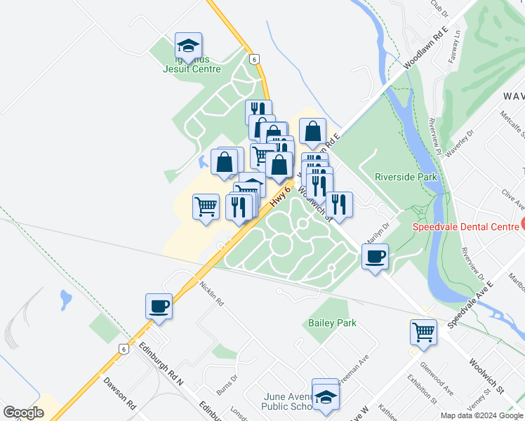 map of restaurants, bars, coffee shops, grocery stores, and more near 23 Woodlawn Road West in Guelph