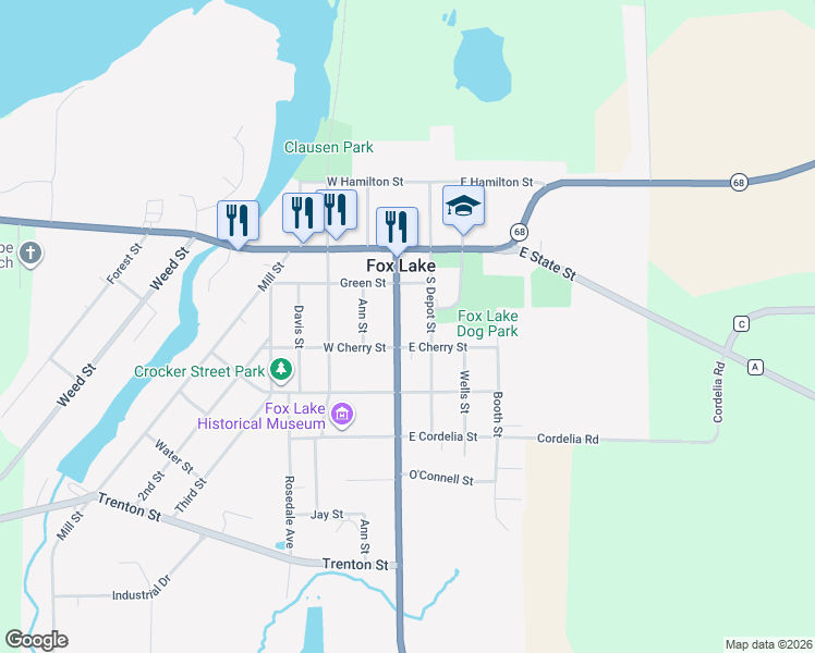 map of restaurants, bars, coffee shops, grocery stores, and more near 204 Spring Street in Fox Lake