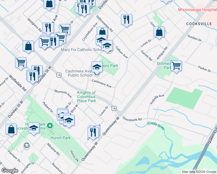map of restaurants, bars, coffee shops, grocery stores, and more near 2406 Cashmere Avenue in Mississauga