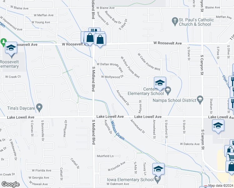 map of restaurants, bars, coffee shops, grocery stores, and more near 447 Arrowhead Drive in Nampa