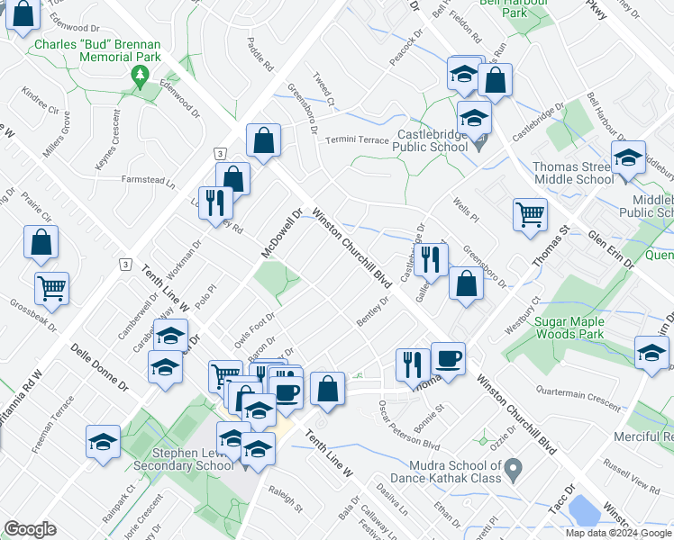 map of restaurants, bars, coffee shops, grocery stores, and more near 3040 Owls Foot Drive in Mississauga