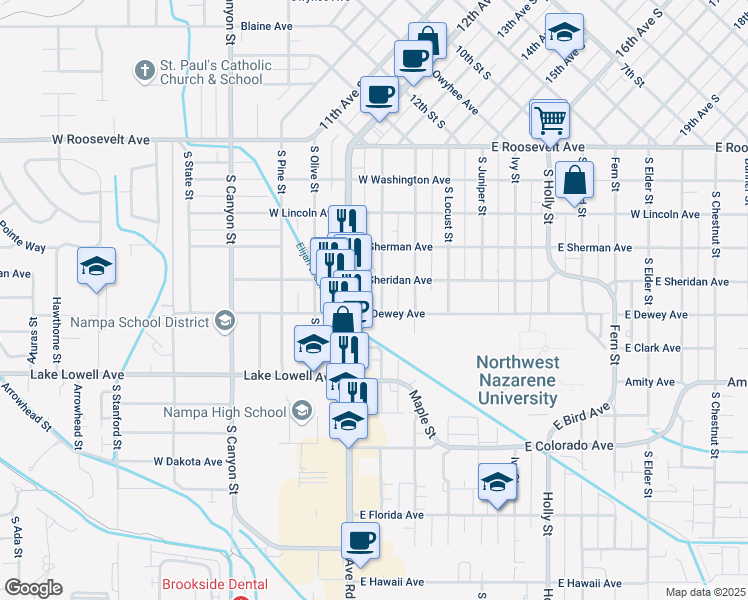 map of restaurants, bars, coffee shops, grocery stores, and more near 515 Nectarine Street in Nampa