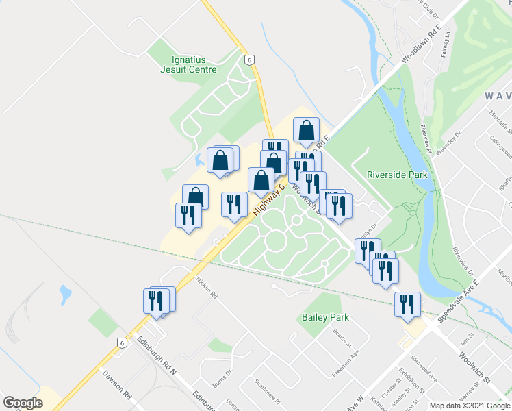 map of restaurants, bars, coffee shops, grocery stores, and more near 23 Woodlawn Road West in Guelph