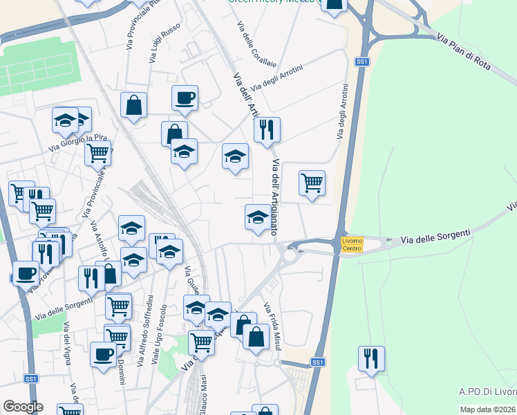map of restaurants, bars, coffee shops, grocery stores, and more near 16 Via Gian Battista Guarini in Livorno