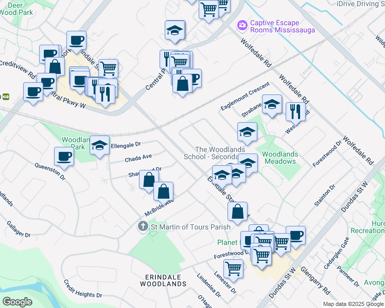 map of restaurants, bars, coffee shops, grocery stores, and more near 3477 Oakglade Crescent in Mississauga