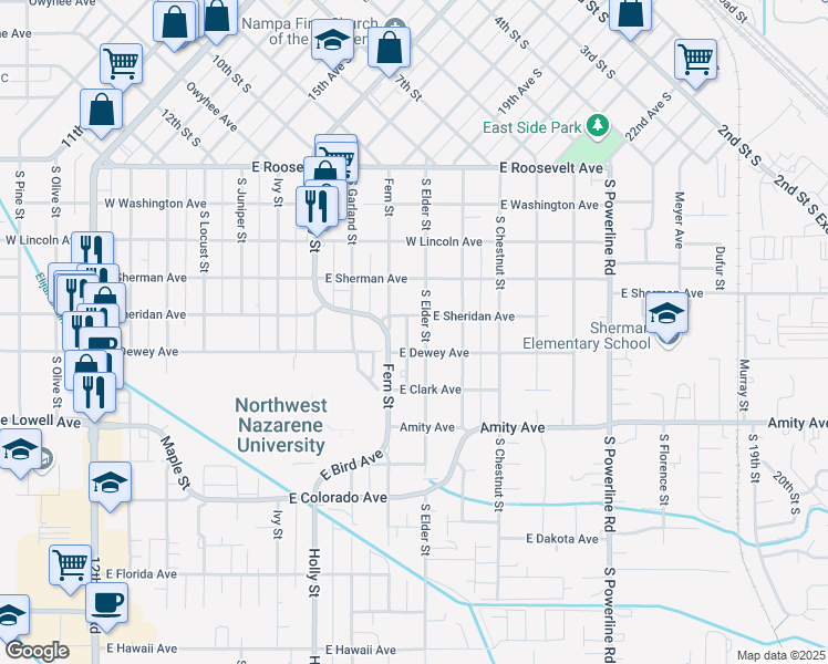 map of restaurants, bars, coffee shops, grocery stores, and more near 423 South Elder Street in Nampa