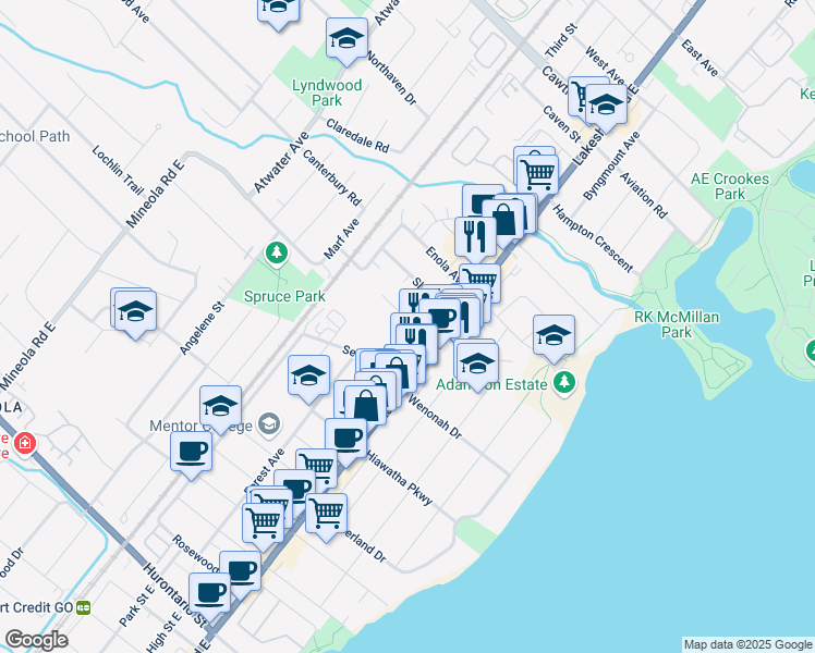 map of restaurants, bars, coffee shops, grocery stores, and more near in Mississauga