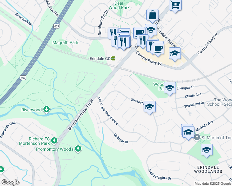 map of restaurants, bars, coffee shops, grocery stores, and more near 3669 Queenston Drive in Mississauga