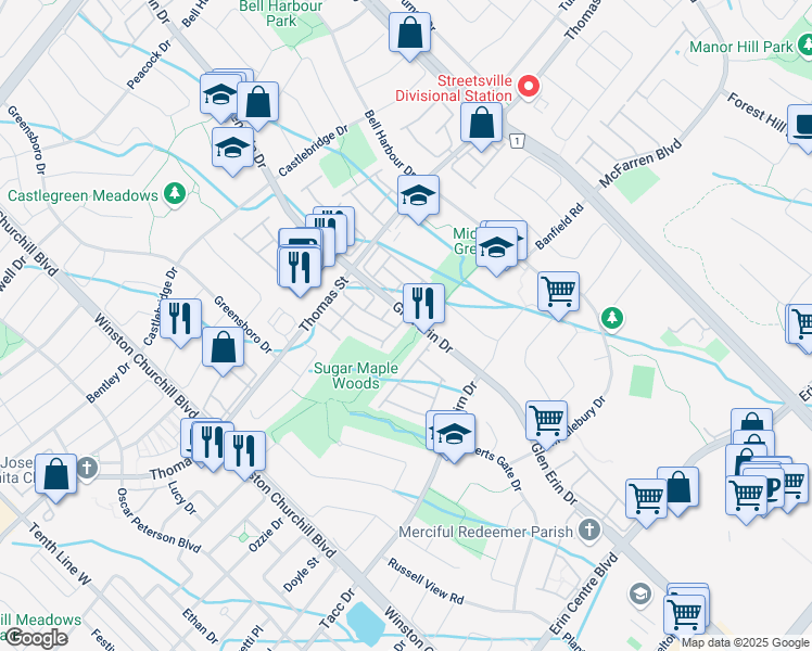 map of restaurants, bars, coffee shops, grocery stores, and more near in Mississauga