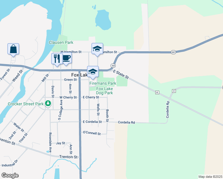 map of restaurants, bars, coffee shops, grocery stores, and more near 202 Booth Street in Fox Lake