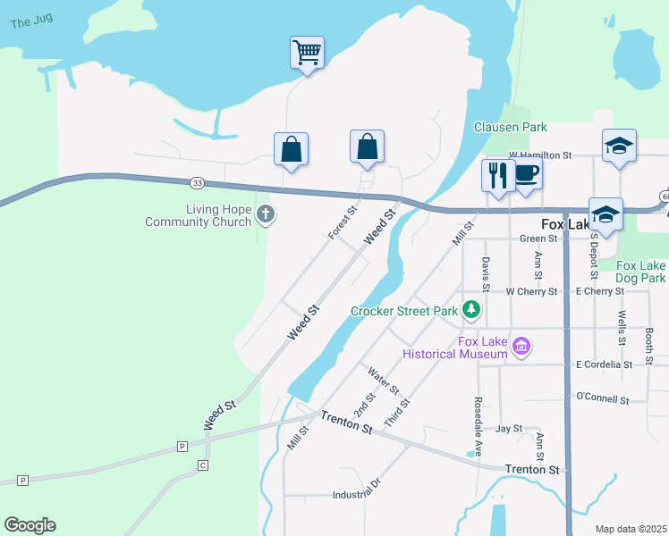 map of restaurants, bars, coffee shops, grocery stores, and more near 210 Forest Street in Fox Lake