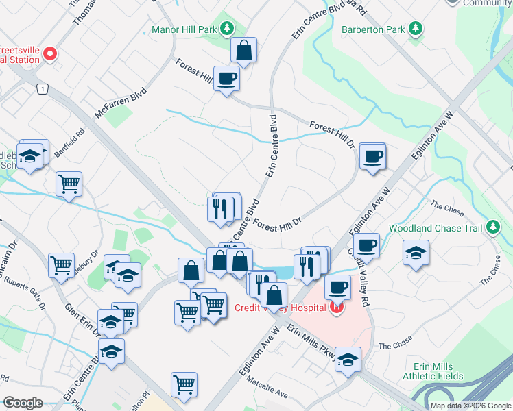 map of restaurants, bars, coffee shops, grocery stores, and more near 2492 Erin Centre Boulevard in Mississauga