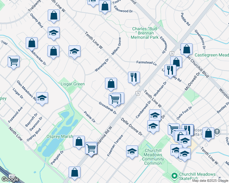 map of restaurants, bars, coffee shops, grocery stores, and more near 3293 Lady Slipper Court in Mississauga