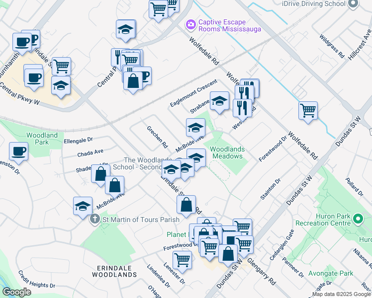map of restaurants, bars, coffee shops, grocery stores, and more near 1000 McBride Avenue in Mississauga