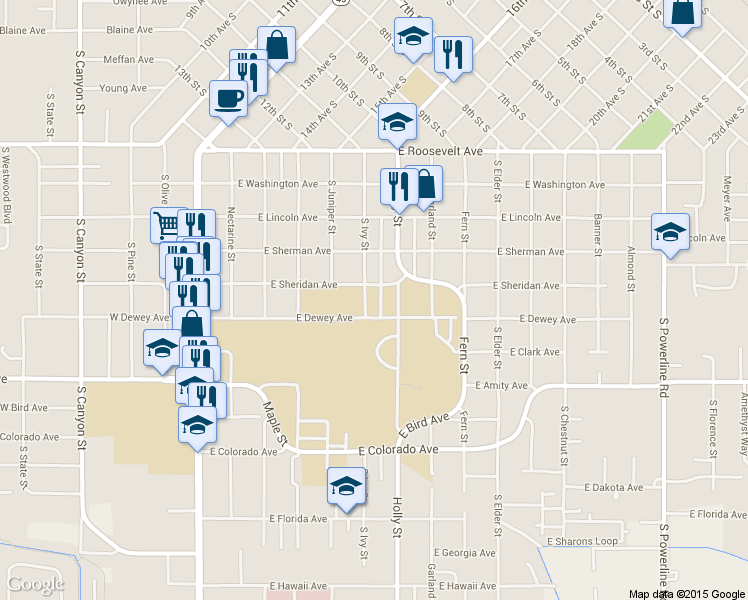 map of restaurants, bars, coffee shops, grocery stores, and more near 512 Ivy Street in Nampa