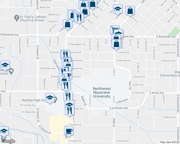 map of restaurants, bars, coffee shops, grocery stores, and more near 511 South Locust Street in Nampa