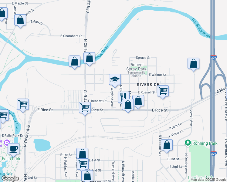map of restaurants, bars, coffee shops, grocery stores, and more near 1600 North Wayland Place in Sioux Falls