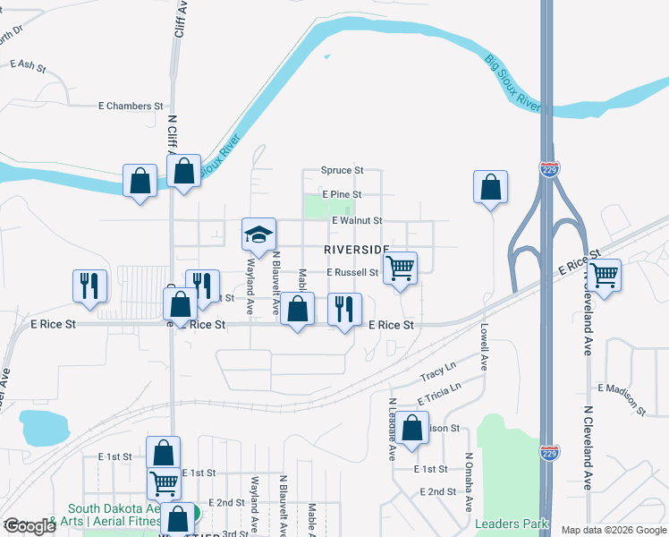 map of restaurants, bars, coffee shops, grocery stores, and more near 1600 North Highland Avenue in Sioux Falls