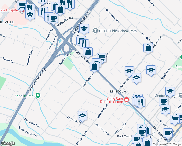 map of restaurants, bars, coffee shops, grocery stores, and more near 21 Indian Valley Trail in Mississauga