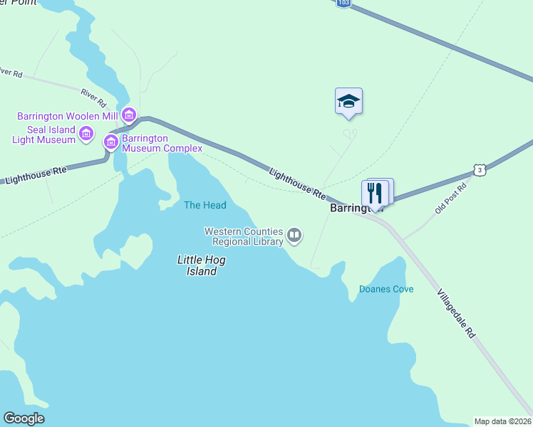 map of restaurants, bars, coffee shops, grocery stores, and more near 2191 Nova Scotia Trunk 3 in Barrington
