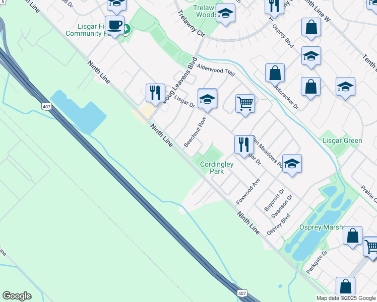 map of restaurants, bars, coffee shops, grocery stores, and more near 6453 Sapling Trail in Mississauga