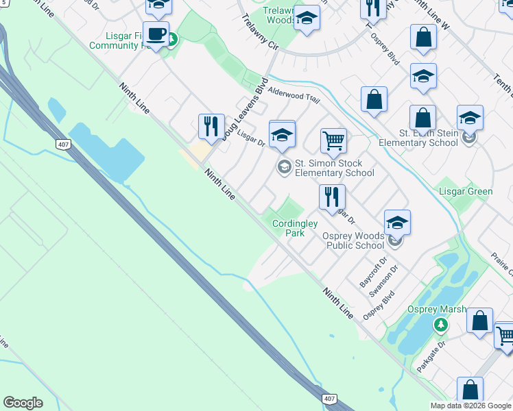 map of restaurants, bars, coffee shops, grocery stores, and more near 6453 Sapling Trail in Mississauga