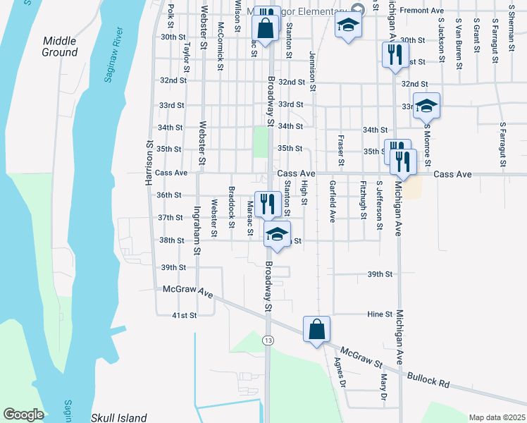 map of restaurants, bars, coffee shops, grocery stores, and more near 2307 Broadway Street in Bay City
