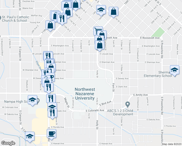 map of restaurants, bars, coffee shops, grocery stores, and more near 508 Ivy Street in Nampa