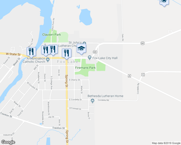 map of restaurants, bars, coffee shops, grocery stores, and more near 202 Booth Street in Fox Lake