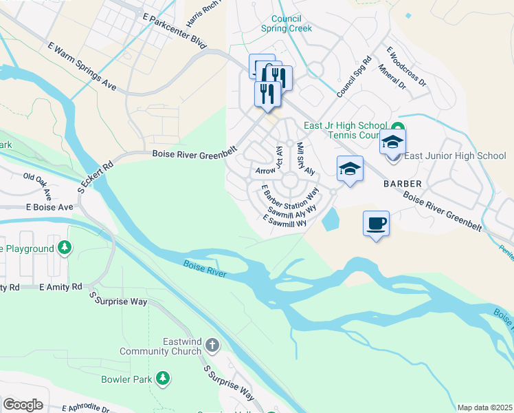 map of restaurants, bars, coffee shops, grocery stores, and more near 4958 East Sawmill Way in Boise