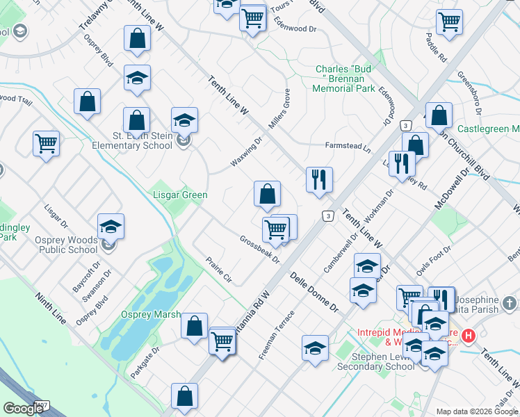 map of restaurants, bars, coffee shops, grocery stores, and more near Columbine Crescent in Mississauga