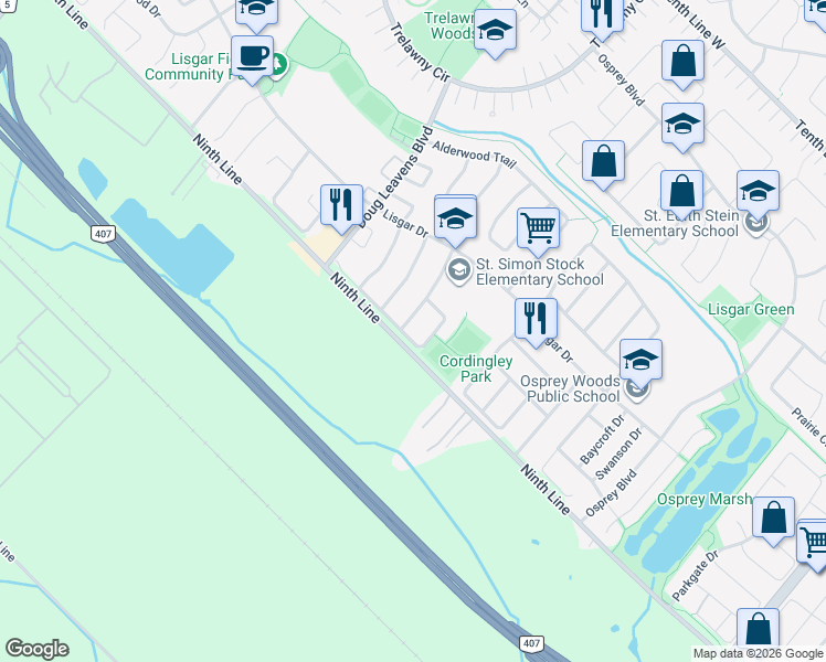 map of restaurants, bars, coffee shops, grocery stores, and more near in Mississauga