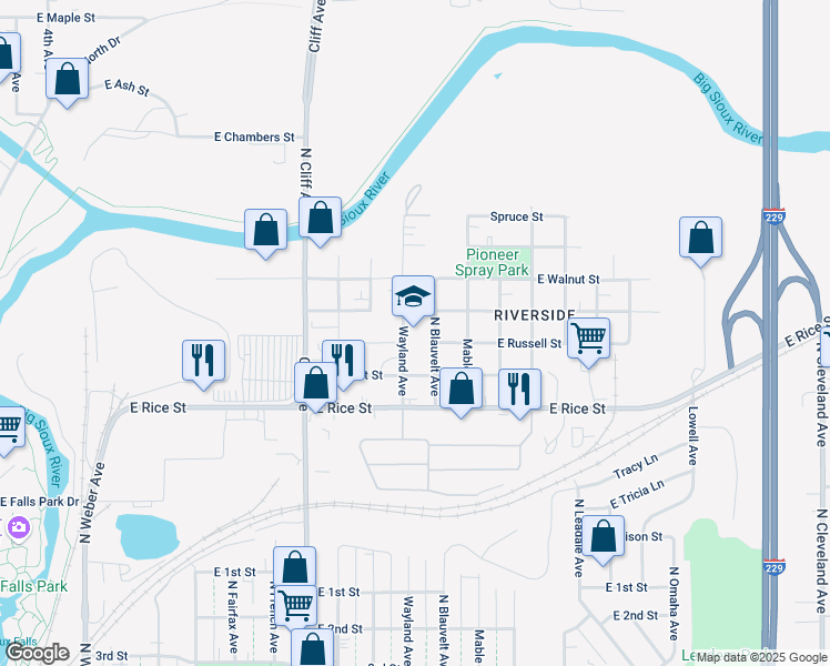 map of restaurants, bars, coffee shops, grocery stores, and more near 1600 North Wayland Place in Sioux Falls