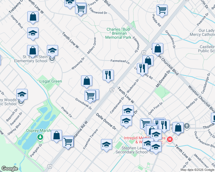 map of restaurants, bars, coffee shops, grocery stores, and more near 6005 Tenth Line West in Mississauga