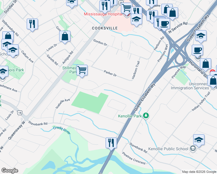 map of restaurants, bars, coffee shops, grocery stores, and more near 2124 Lynchmere Avenue in Mississauga