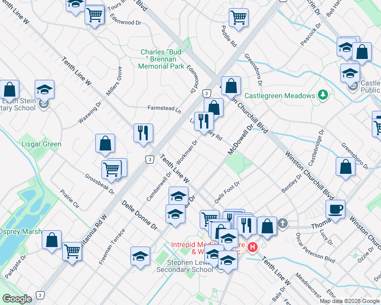 map of restaurants, bars, coffee shops, grocery stores, and more near 3150 Workman Drive in Mississauga