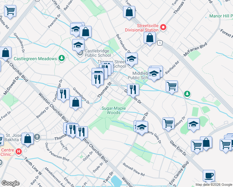 map of restaurants, bars, coffee shops, grocery stores, and more near 5530 Glen Erin Drive in Mississauga