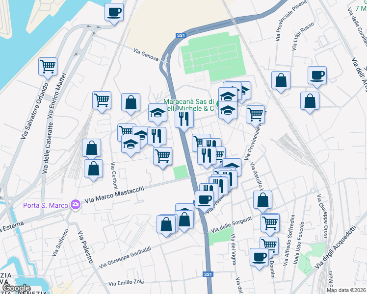 map of restaurants, bars, coffee shops, grocery stores, and more near Via Firenze in Livorno