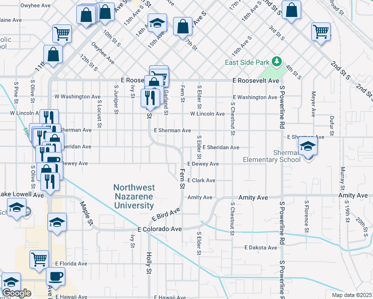 map of restaurants, bars, coffee shops, grocery stores, and more near 504 Fern Street in Nampa