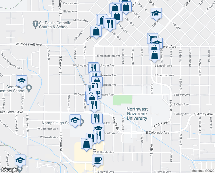 map of restaurants, bars, coffee shops, grocery stores, and more near 211 East Sheridan Avenue in Nampa