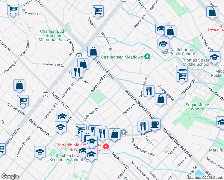 map of restaurants, bars, coffee shops, grocery stores, and more near 3060 Wrigglesworth Crescent in Mississauga