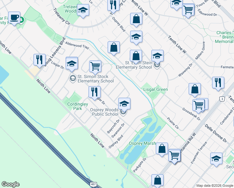 map of restaurants, bars, coffee shops, grocery stores, and more near 3845 Ridgepoint Way in Mississauga